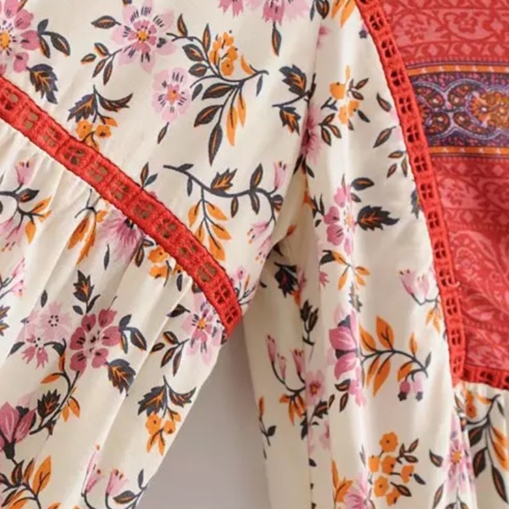 Boho Floral Vintage Gypsy Print 70’s Dress Red - Picture 10 of 13